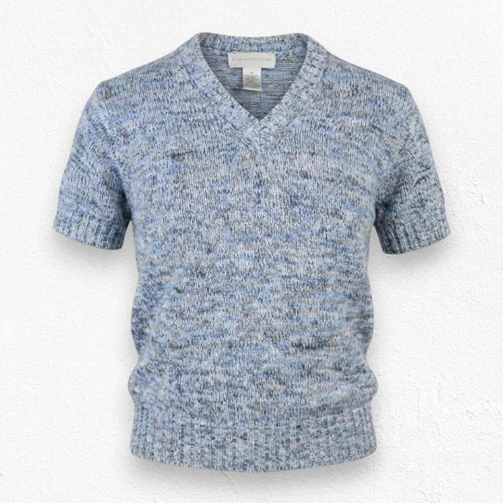 Y2K Vintage Evan-Picone Blue Marled Knit V-Neck Short Sleeve Sweater Size Medium